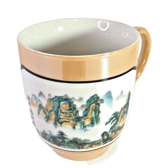 Vintage Chinese Porcelain Tea Mug Handpainted Pearlescent Light Orange 8oz 60's - Picture 1 of 10